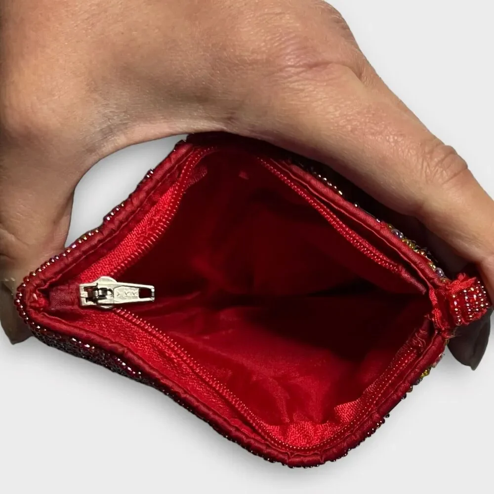 Unbranded Beaded Red Zip Top Satin Inside Clutch Purse Change Purse